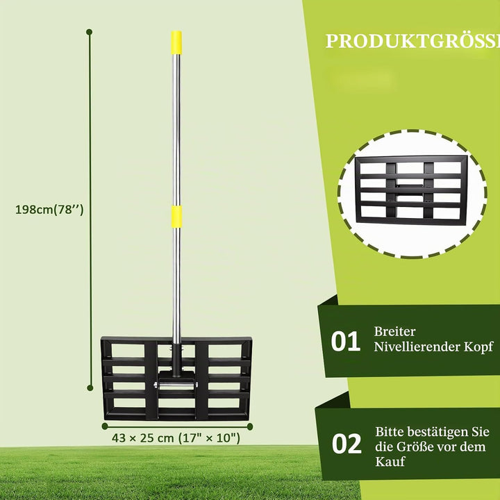 Rasenrakel, 198cm, 43x25cm Edelstahl Rasen-Nivelliergerät mit Ergonomischem Griff für Garten & Hof -