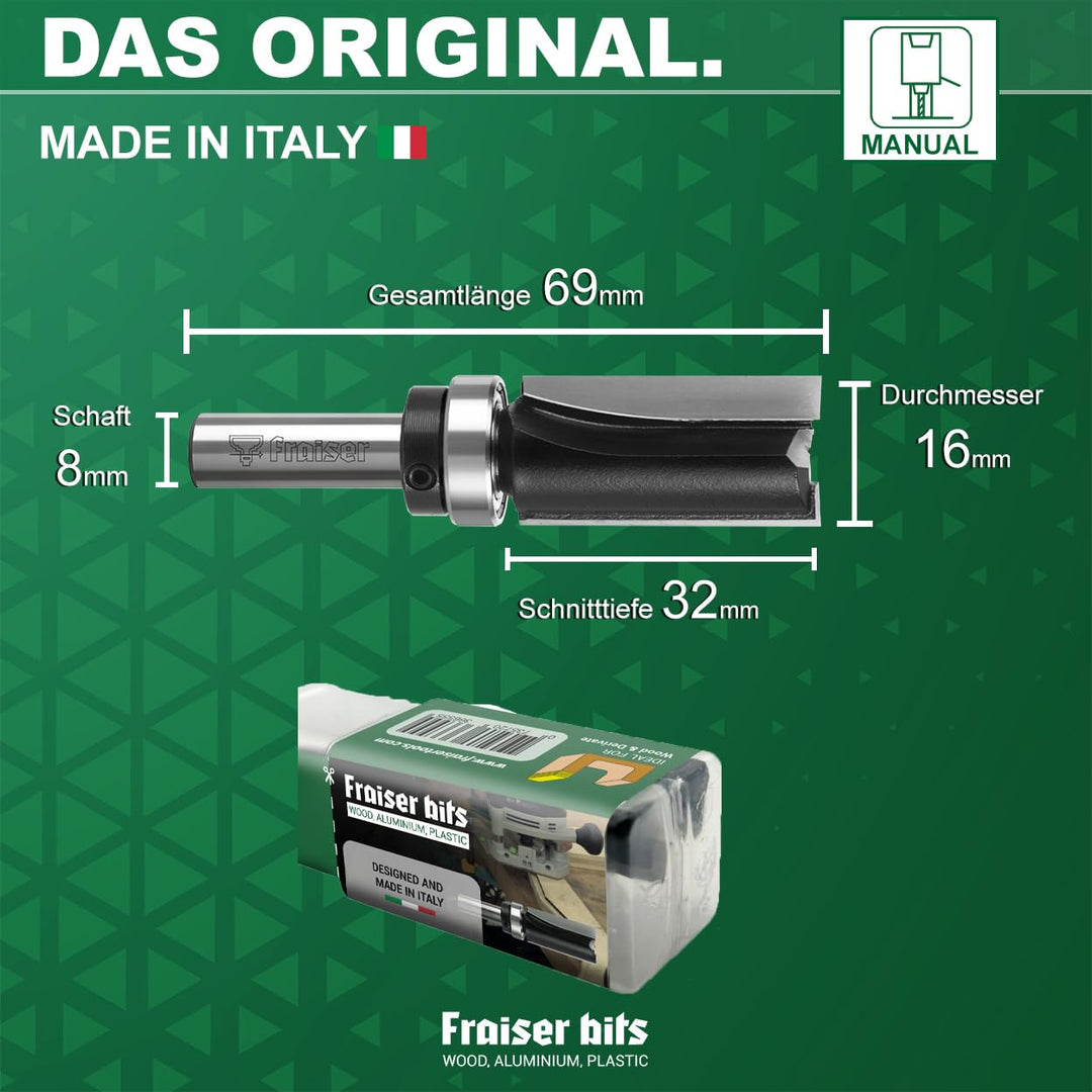 Fraiser Kopierfräser / Bündigfräser mit Kugellager unten – 8 mm Schaft, 16 mm Durchmesser, Präzision