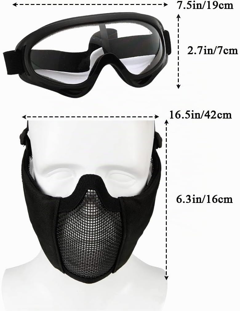 Hodeacc Airsoft-Maske und Brille, Halbgesichtsmaske aus Metallgeflecht, mit Ohrenschutz, Anti-UV-Air