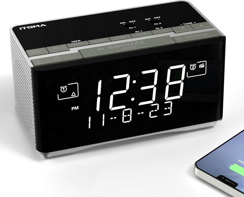 iTOMA FM/DAB Radiowecker mit USB-Ladeanschluss, Bluetooth Stereo Lautsprecher, Kopfhörerbuchse, Dual