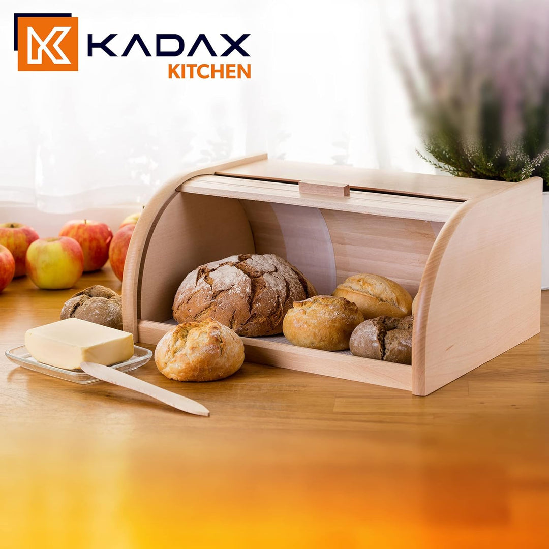 KADAX geräumiger Brotkasten aus hochqualitativem Holz, Brotbehälter mit Rolldeckel für längere frisc