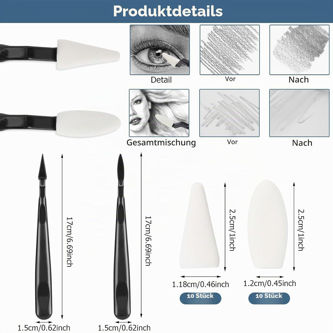 AGPTEK 48 PCS Sketch Drawing Tools, 20 Blending Stümpfe Set mit 2 Sandpapier Bleistiftspitzer, Bleis