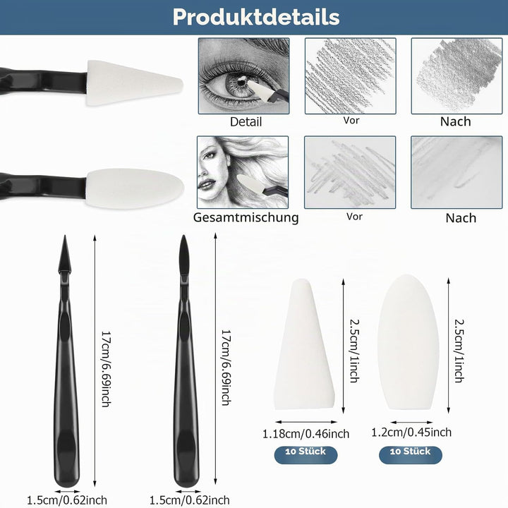 AGPTEK 48 PCS Sketch Drawing Tools, 20 Blending Stümpfe Set mit 2 Sandpapier Bleistiftspitzer, Bleis