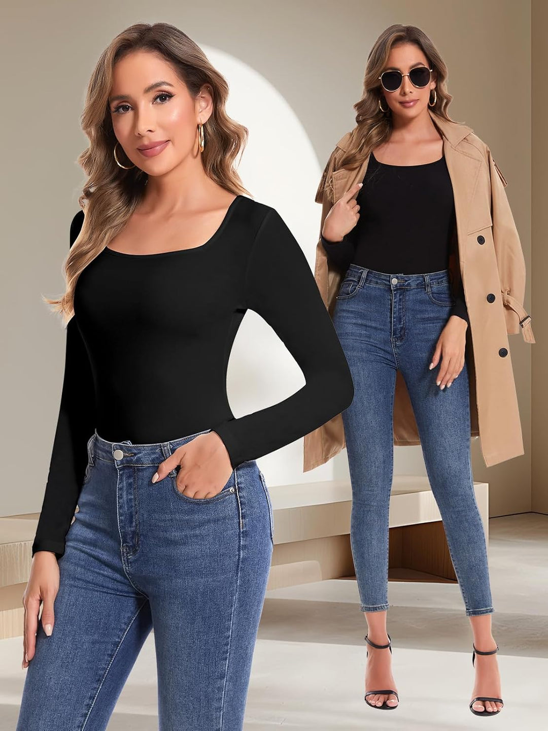 SHAPERIN Oberteile Damen Langarm Eng Langarmshirt Rundhals Einfarbige T-Shirts Lässige Blusen Top Ec