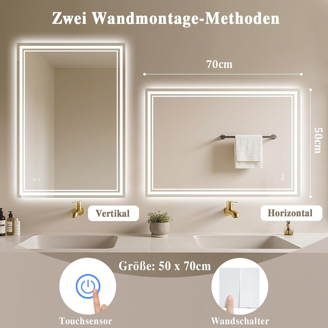 Badspiegel-mit-Beleuchtung 50x70cm - Badezimmerspiegel LED Badezimmer Spiegel mit Beleuchtung Beschl
