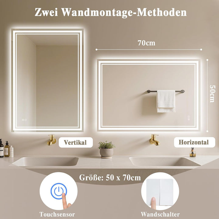 Badspiegel-mit-Beleuchtung 50x70cm - Badezimmerspiegel LED Badezimmer Spiegel mit Beleuchtung Beschl