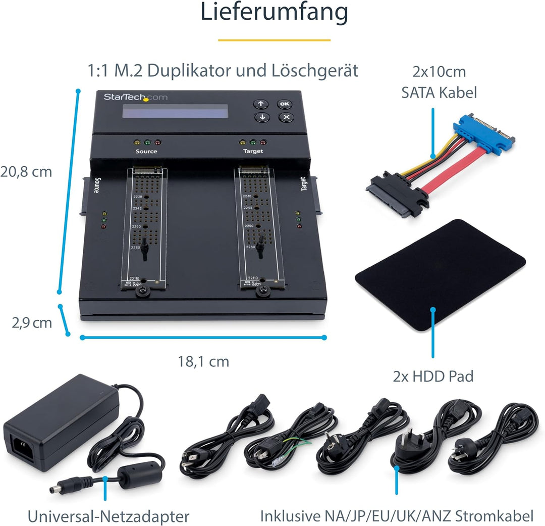 StarTech.com Selbständiger M.2 SATA & M.2 NVMe Duplikator und Löscher - SATA/SSD Festplatten klonen/