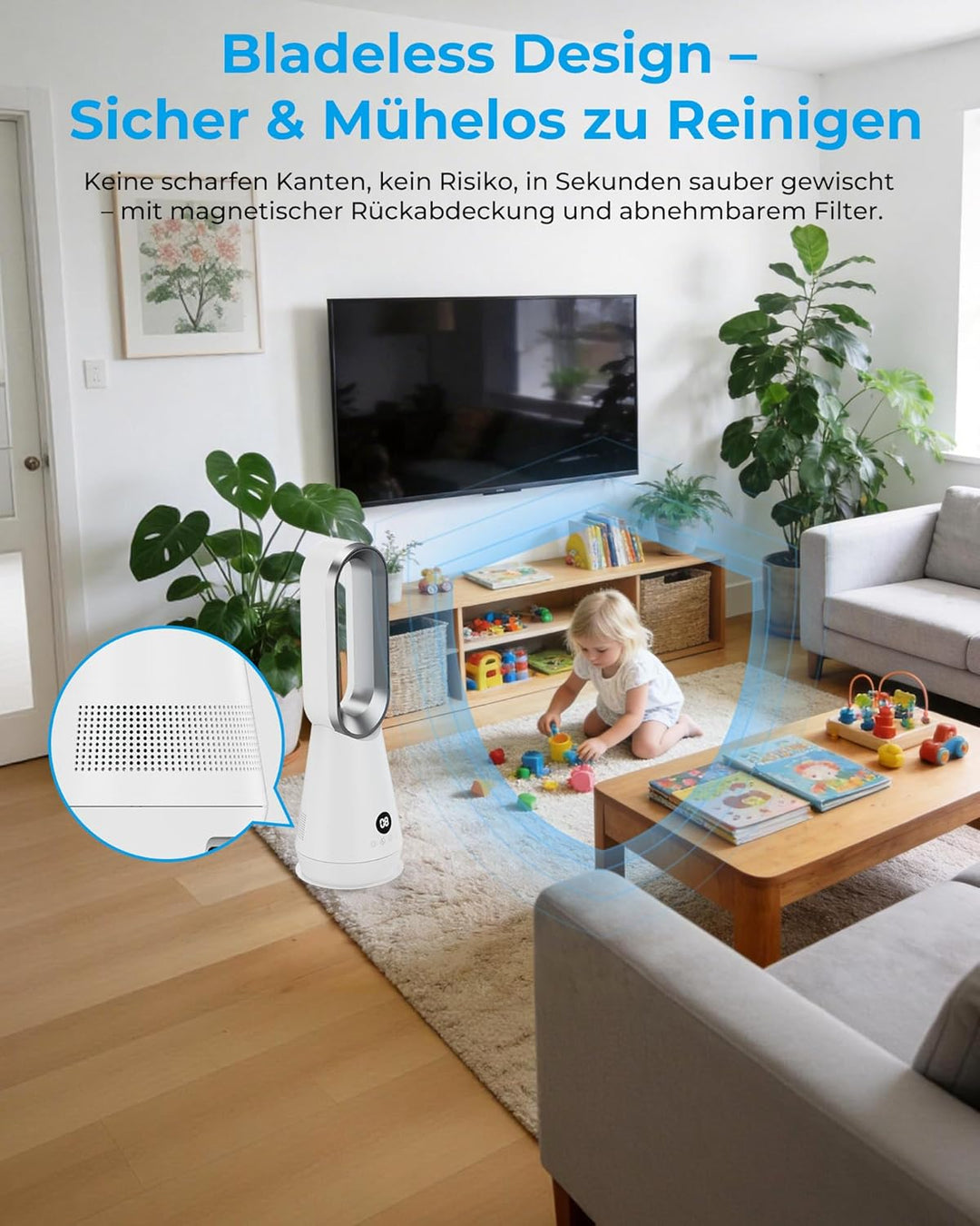 Leiser Turmventilator ohne Rotorblätter mit Fernbedienung & Digitaldisplay, 10 Geschwindigkeitsstufe