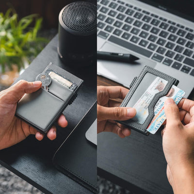 VULKIT Kreditkartenetui mit EDC-Fächern und Ausweisfenster, RFID-blockierende Pop Up Karten Geldbörs