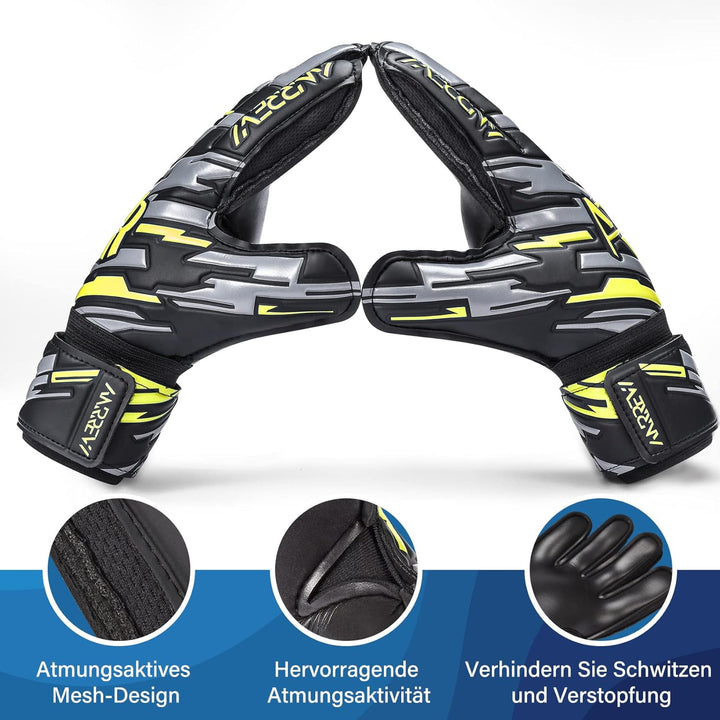 Anrrew Fussball Torwarthandschuhe mit Fingerschutz und doppeltem Handgelenkschutz. Torwarthandschuhe