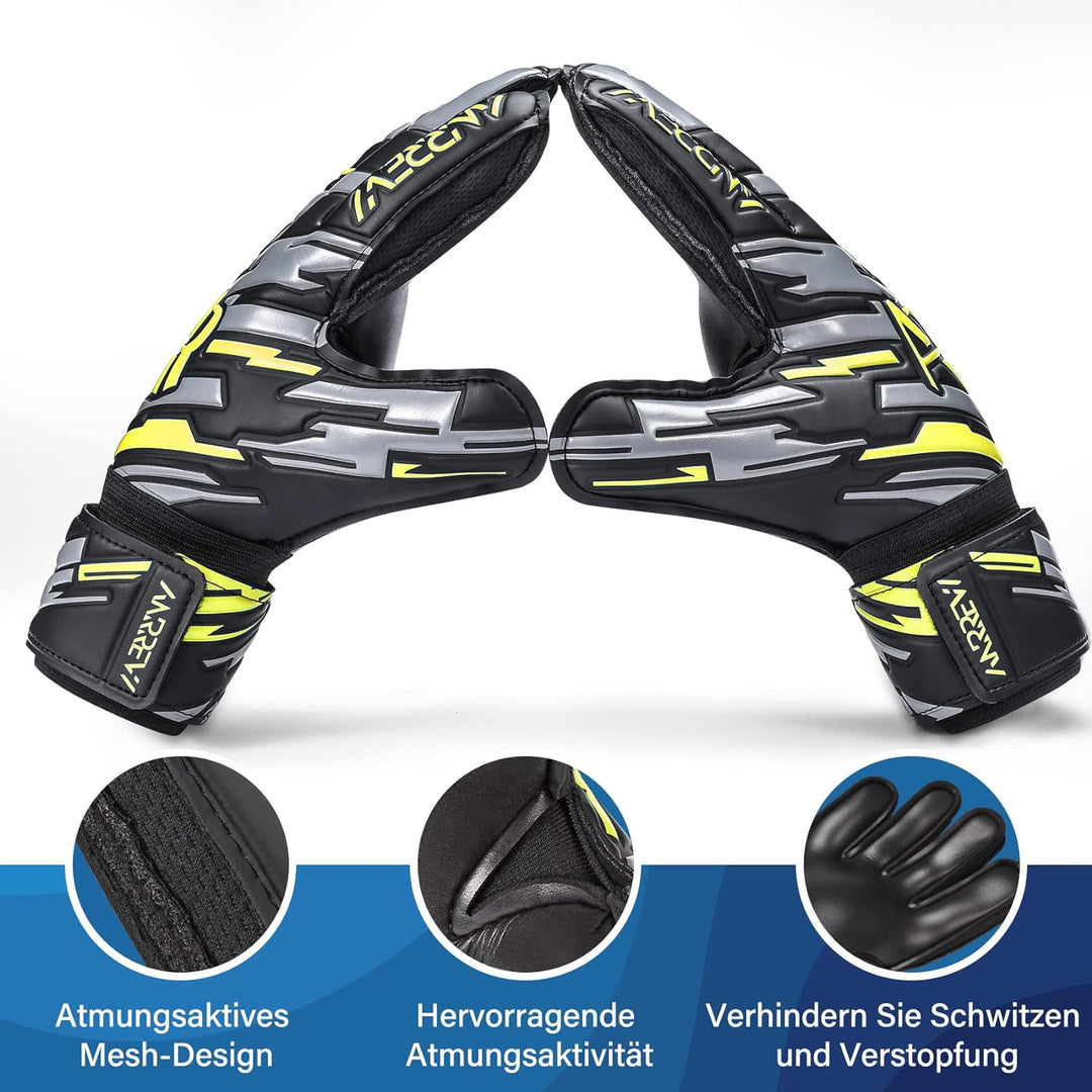 Anrrew Fussball Torwarthandschuhe mit Fingerschutz und doppeltem Handgelenkschutz. Torwarthandschuhe