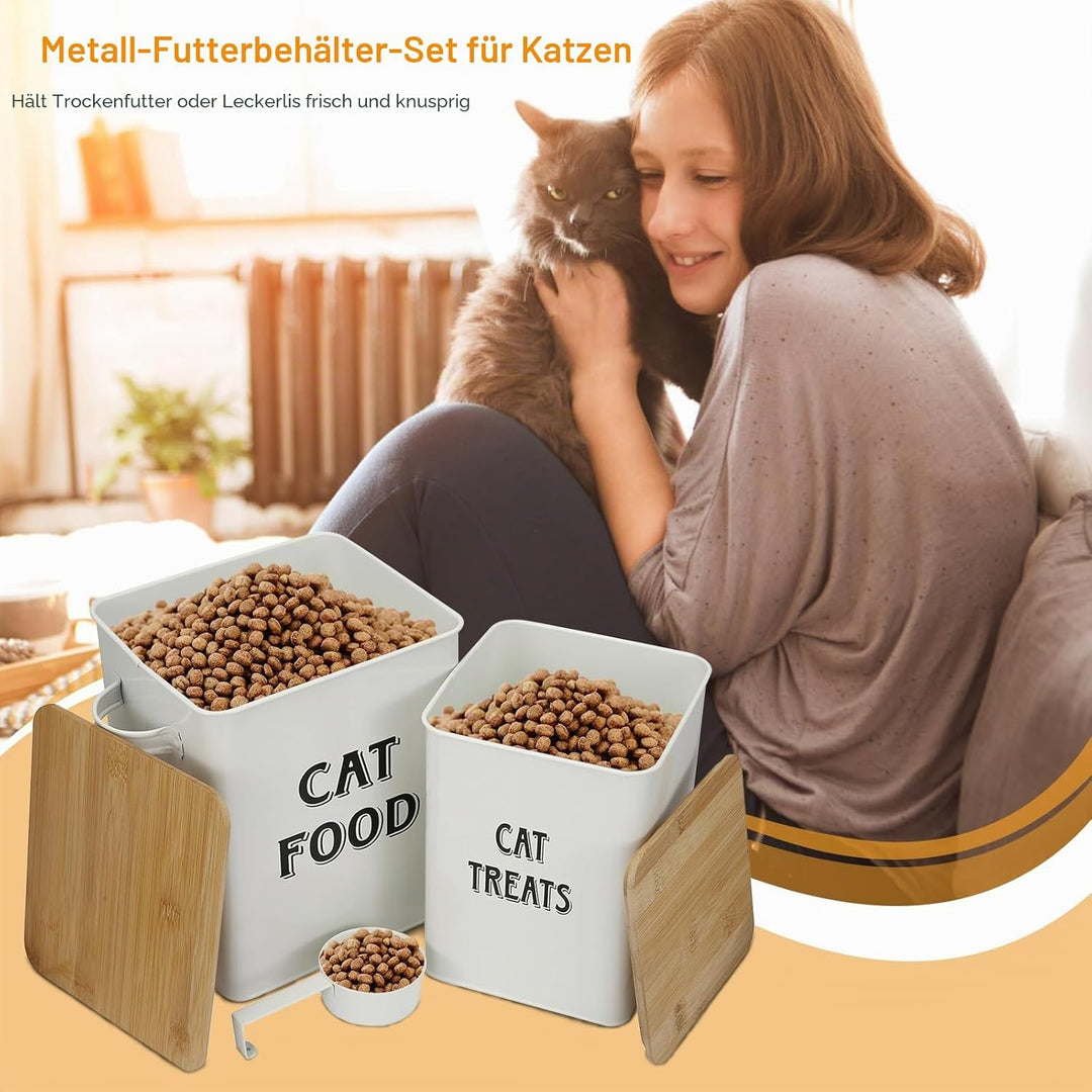 Pethiy Katzenfutter und Katzenleckerlis Behälter,Futtertonne mit Schaufel und Holzdeckel,beschichtet