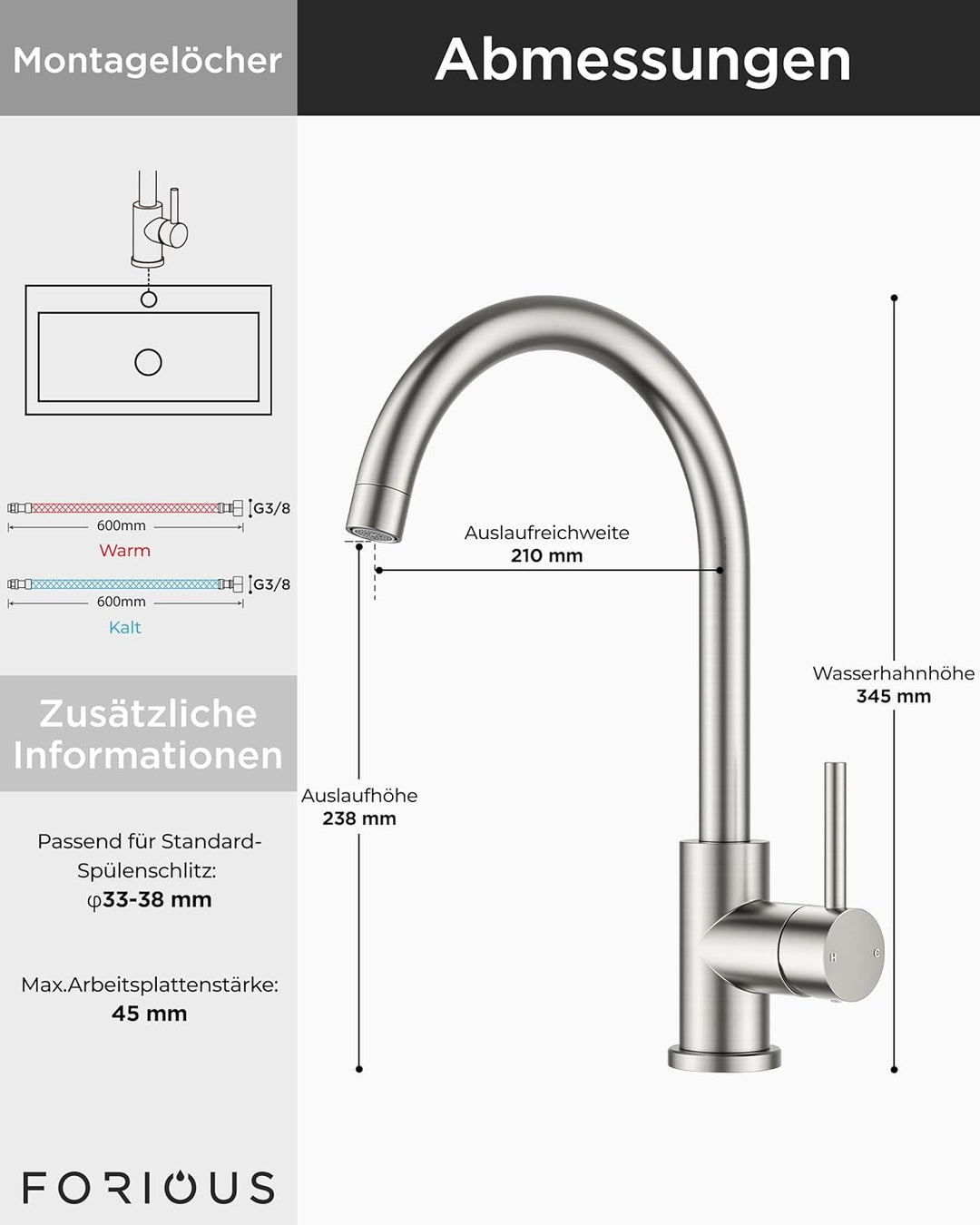 FORIOUS Wasserhahn Küche, Mischbatterie Armatur, Edelstahl, 360° Schwenkbar, Einhebel-Warm- und Küch