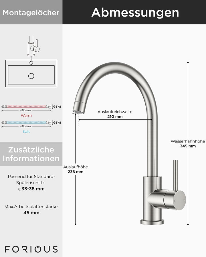 FORIOUS Wasserhahn Küche, Mischbatterie Armatur, Edelstahl, 360° Schwenkbar, Einhebel-Warm- und Küch