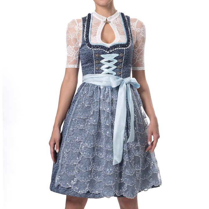 Dirndlparty Dirndl Blau, Damen Midi Mittellang Dirndl 60cm mit Rosenmuster und Pailletten Spitzensch