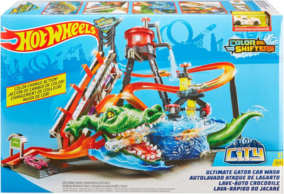 Hot Wheels FTB67 - City Ultimative Autowaschanlage mit Krokodil, Car Wash Waschstation Spielset mit