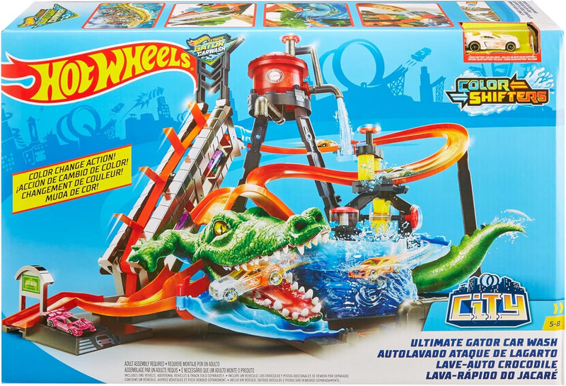 Hot Wheels FTB67 - City Ultimative Autowaschanlage mit Krokodil, Car Wash Waschstation Spielset mit
