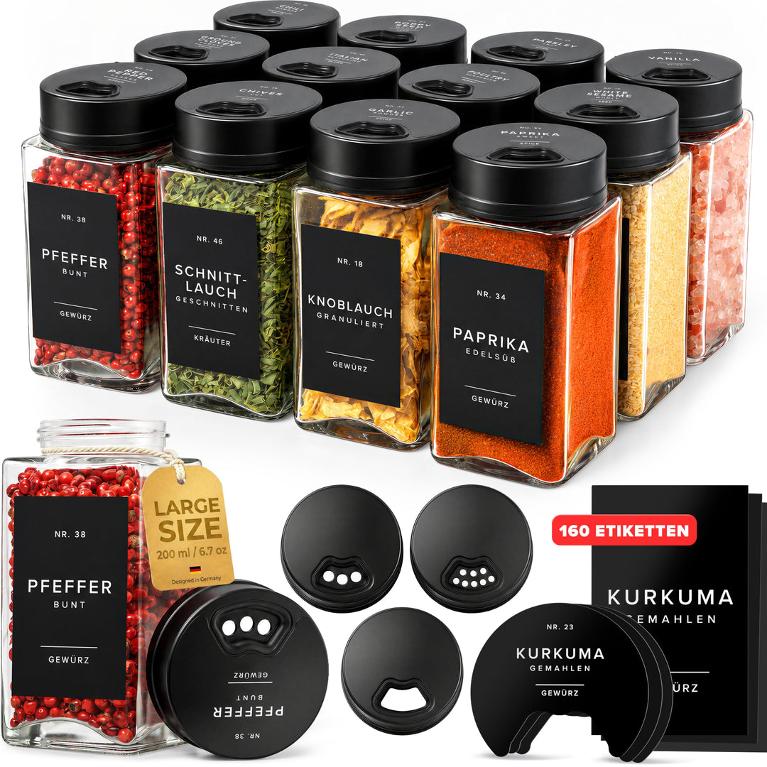 EDELHAUS Gewürzgläser Eckig Set mit Schwarzem Verstellbarerem Deckel (12 x 200 ml) Gewürzstreuer mit