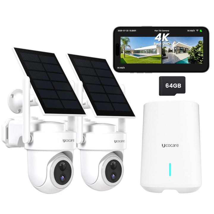 UCOCARE Überwachungskamera Aussen Solar, 4K Kamera Überwachungskamera Aussen, 2-Kamera-Set & Base St