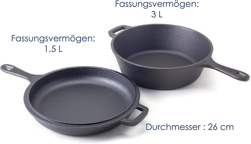 Hanseküche Gusseisen 2in1 Topf mit Pfannendeckel – Hochwertiger Bräter mit Pfanne, Ø 26 cm, bereits