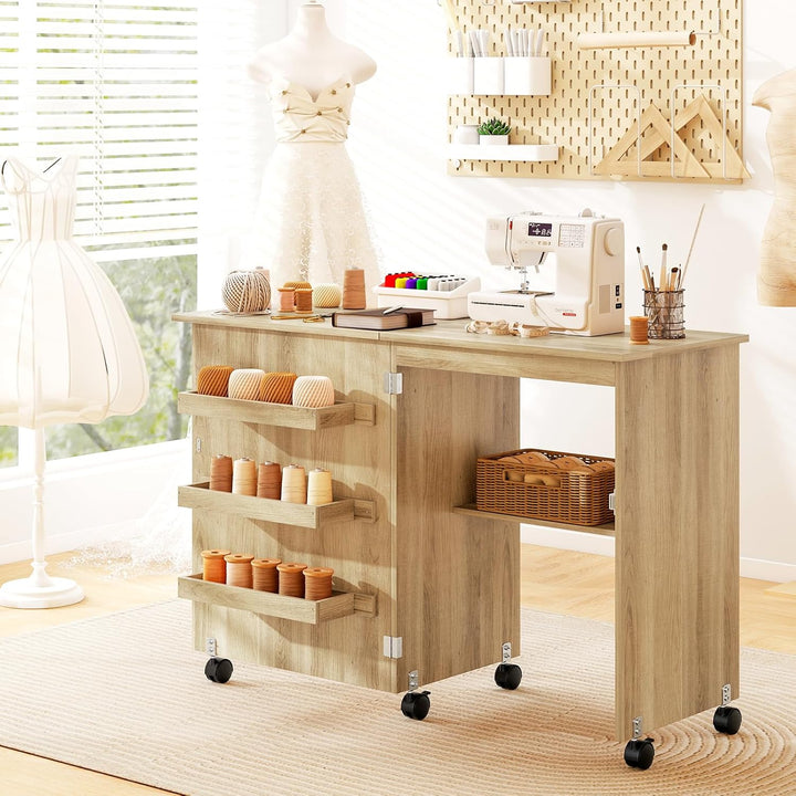 GIANTEX Nähtisch klappbar, Nähmaschinentisch auf Rollen, Nähtisch für Nähmaschine, Nähschrank Holz,