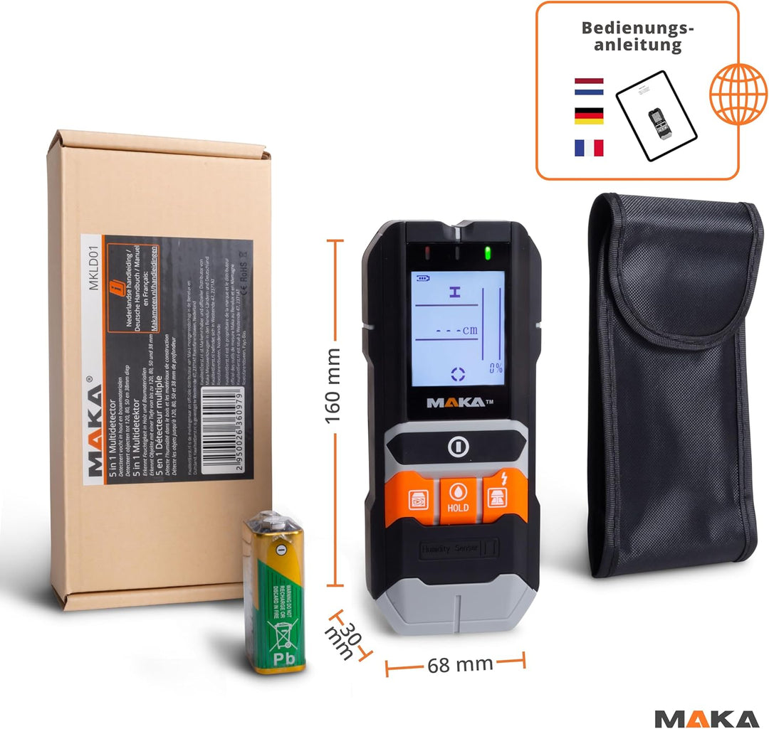 MAKA 5-in-1 Leitungsdetektor und Feuchtigkeitsmesser - Multifunktionaler Wandscanner-Detektor für Ho