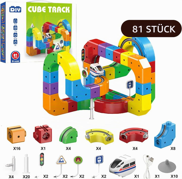 81 stück Clickrail Electric Train Set Flexible Rennstrecke, DIY Cube Track Block Zug mit Schwerkraft