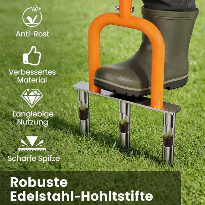 I IHAYNER Aerifizierer für Rasen, Rasenlüfter aus Edelstahl, 3 Zinken Hohlzinken, Gartengerät zum Ra