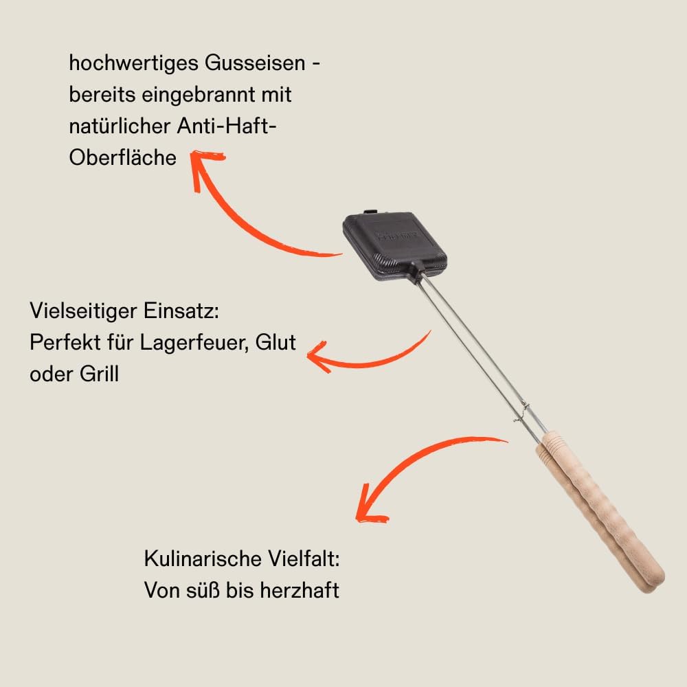 Petromax Sandwicheisen aus Gusseisen | mit langem Stiel für Gas oder Holzkohlegrills | im Feuer, auf