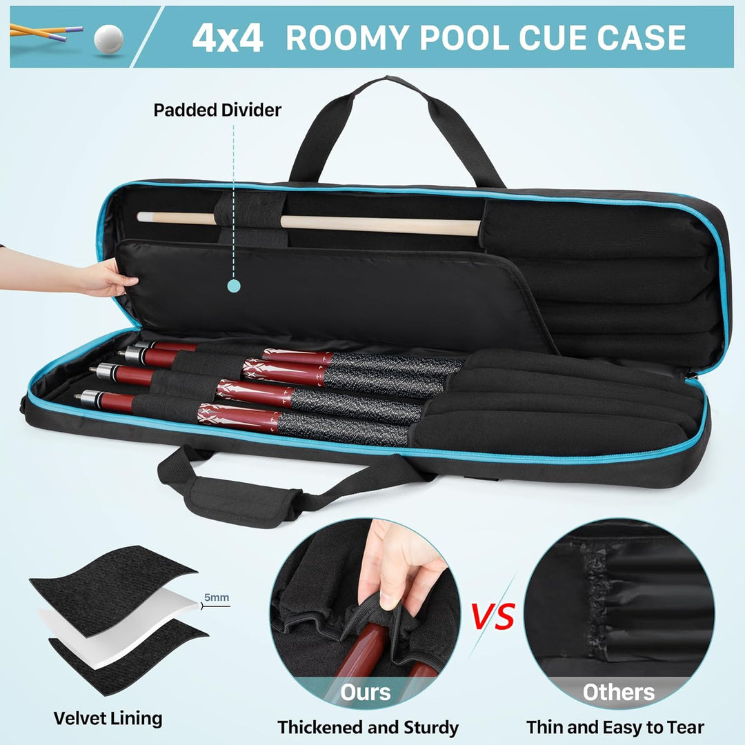 4x4 Billard Queue Koffer für bis zu 4 Unterteile und 4 Schäfte, Pool Stick Tragetasche mit Zubehörta