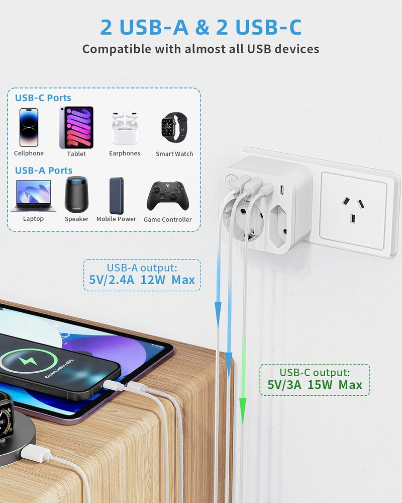 Reiseadapter Australien Deutschland Stecker mit 4 USB (2 Typ-C), 2 Fach Reiseadapter Neuseeland, Rei