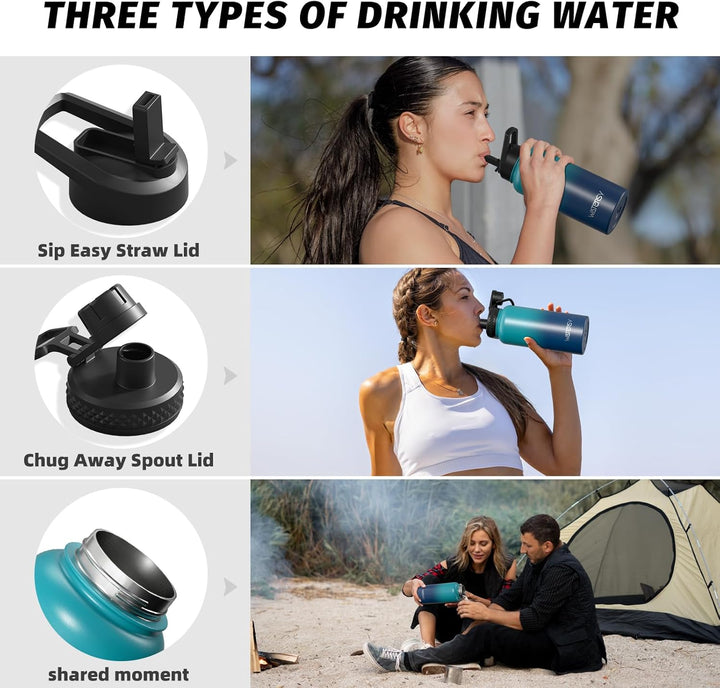 WATERSY Isolierte Edelstahl Trinkflasche 32oz Vakuumisolierte Thermosflasche mit 2 Deckel Auslaufsic
