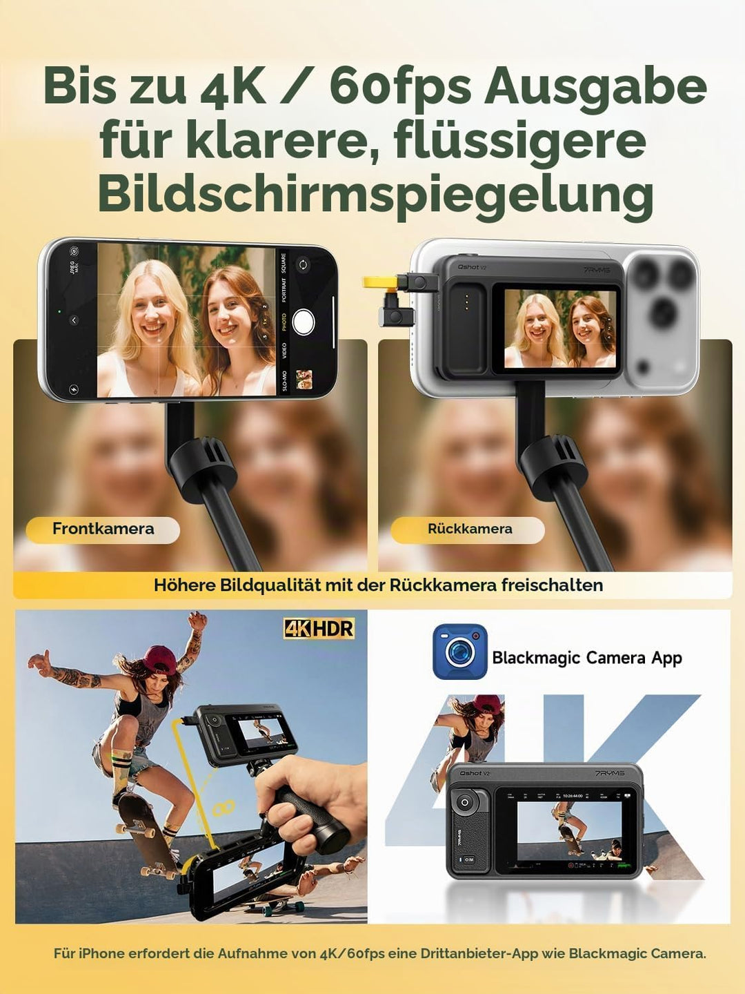 7RYMS Qshot V2 Selfie-Monitor-Bildschirm für iPhone &amp; Android,4K 60fps magnetischer Rückkamera-Monit