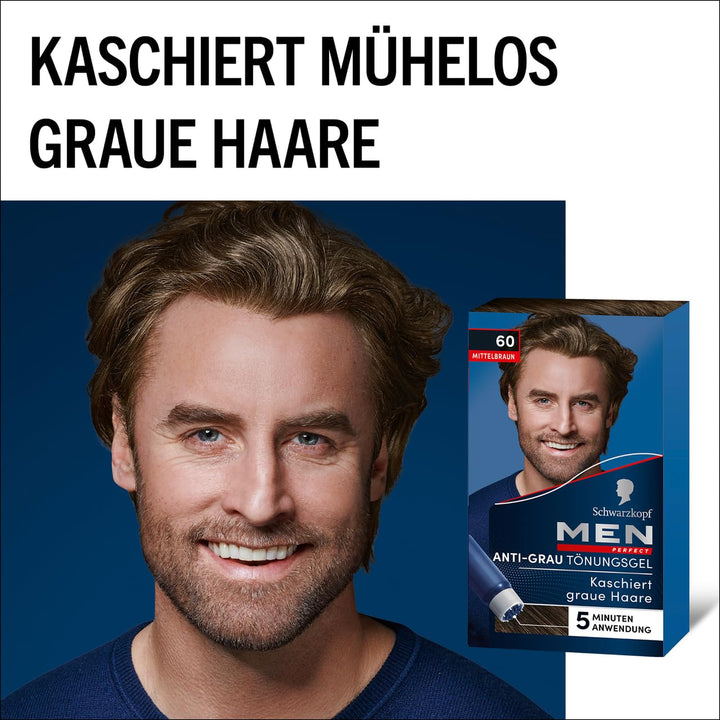 Schwarzkopf Men Perfect Anti-Grau Tönungs-Gel 60 Mittelbraun (3x 80 ml), Haarfarbe für Männer blende