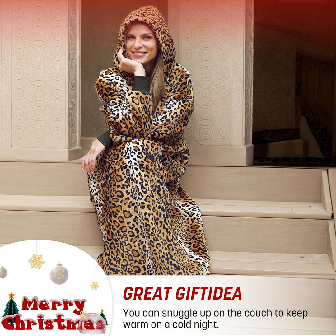 Extra Lange Sherpa Hoodie Decke Ghepard, Flauschige Übergrosse Kuscheldecke mit Ärmeln und Kapuze, W