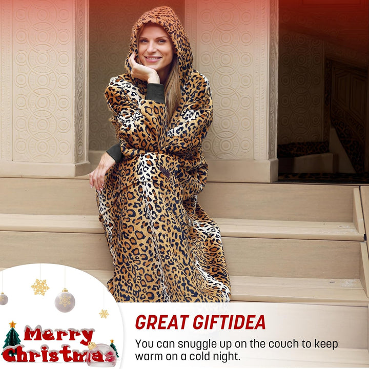 Extra Lange Sherpa Hoodie Decke Ghepard, Flauschige Übergrosse Kuscheldecke mit Ärmeln und Kapuze, W