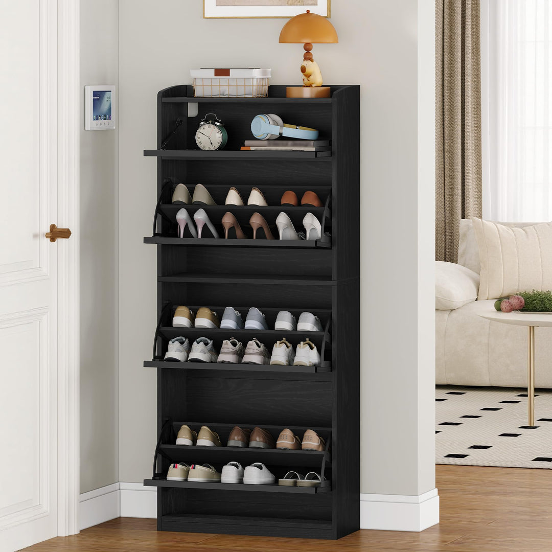 HEXCELEN Schuhschrank Schmal, 3 Klapptüren, 1 Dropdown Speicher, Schwar | Schuhkipper, Schuhschrank