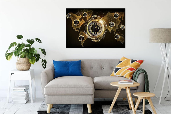 Pixxprint Weltkarte des Bitcoin BTC als Leinwandbild | Grösse: 120x80 cm | Wandbild | Kunstdruck | f