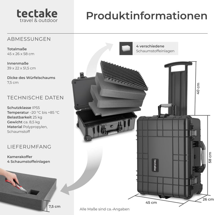 tectake® Kamerakoffer leer mit Schaumstoff, Universalkoffer mit Rollen, wasserdichter Koffer, Trolle