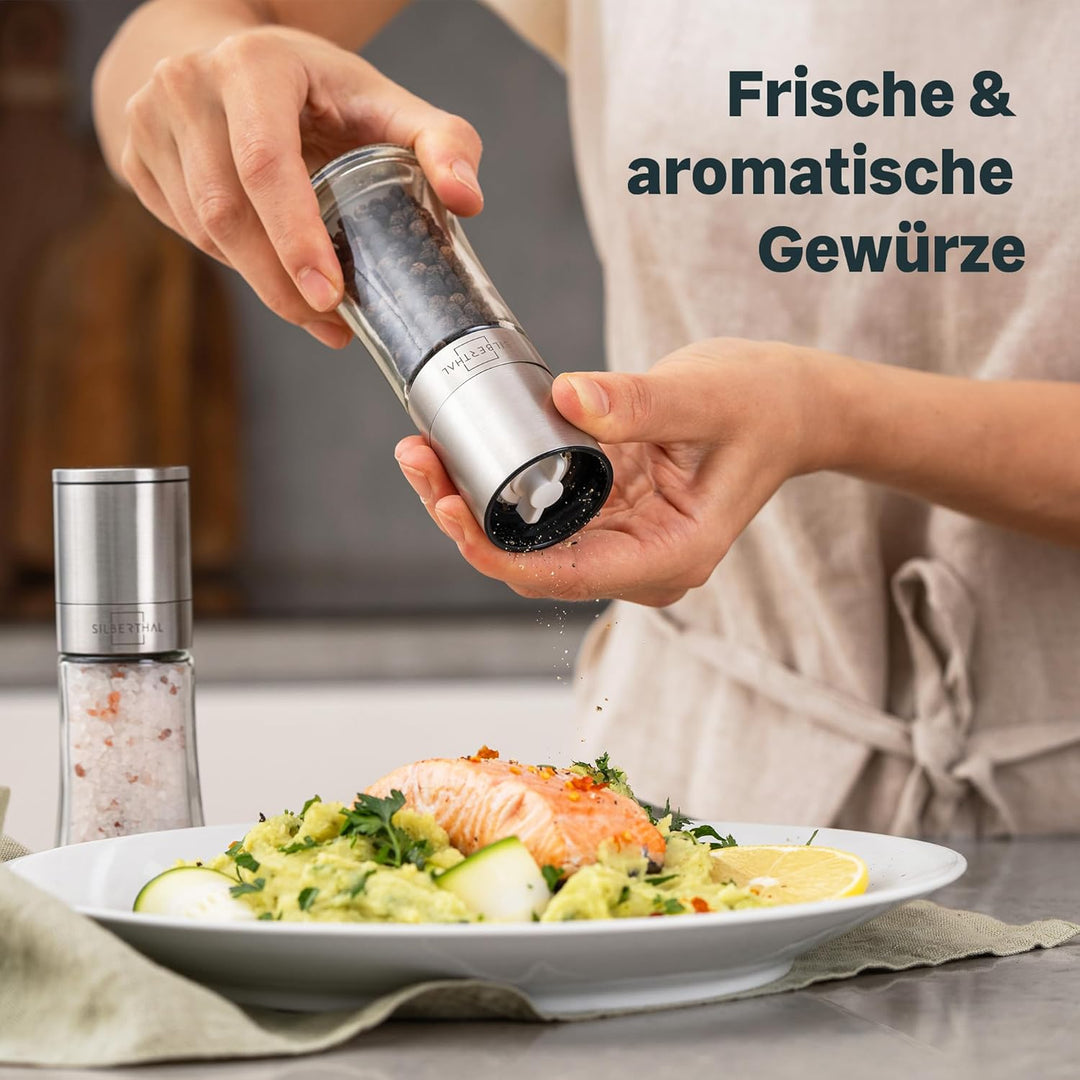 SILBERTHAL Gewürzmühlen Set mit einstellbarem Mahlgrad - Edelstahl - Muskatnuss Reibe mit Salzmühle