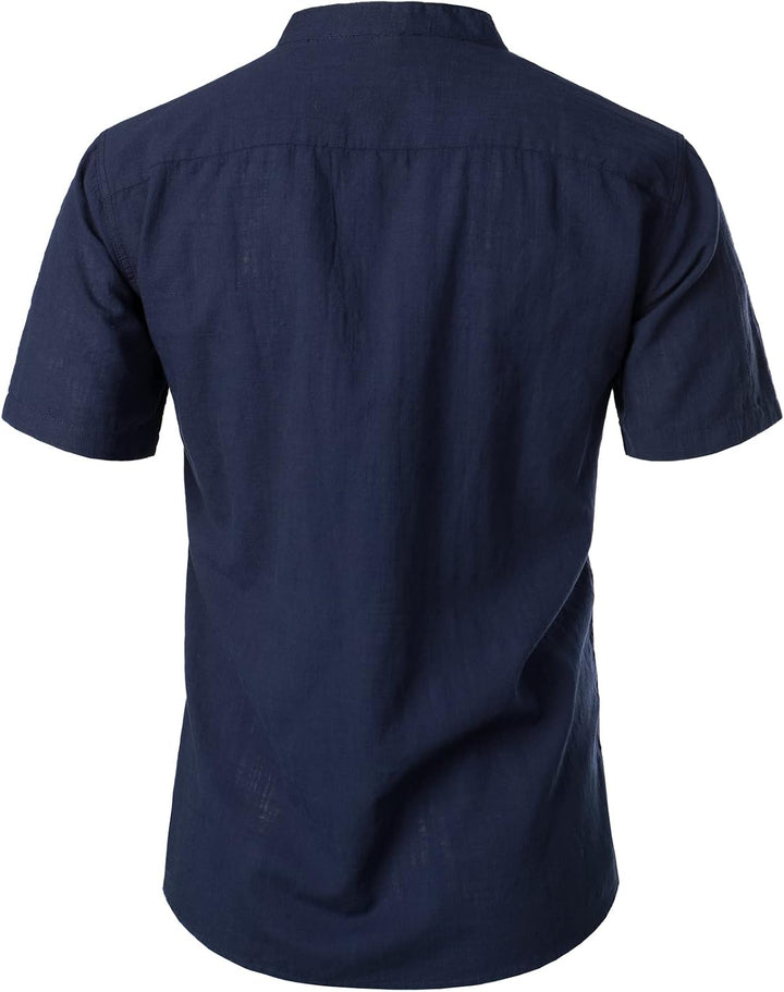 LucMatton Herren Casual Baumwolle Leinen Kurzarm Henley Hemd Sommer Leichte Strandtops mit Stehkrage