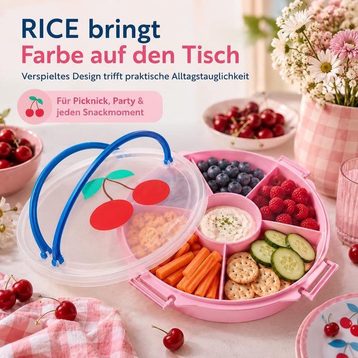 Rice Serviertablett rund Ø 32 cm mit Deckel & Tragegriff – Snack- & Partyplatte mit Fächern, BPA-fre