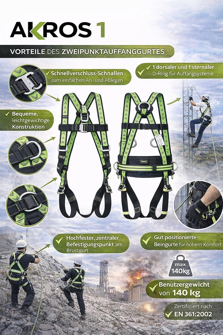 Kratos Safety Auffanggurt Akros 1, Grösse S-L, mit 2 Auffangpunkten und 3 Schnellverschluss Schnalle