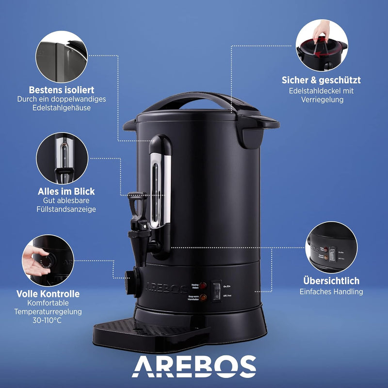 Arebos Glühweinkocher 950 W | Heissgetränkespender | 6,8 L | mit Auffangschale, Auslasshahn, Thermos