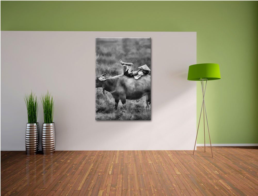 Pixxprint Wasserbüffel trägt Kind als Leinwandbild/Grösse: 100x70 cm/Wandbild/Kunstdruck/fertig besp