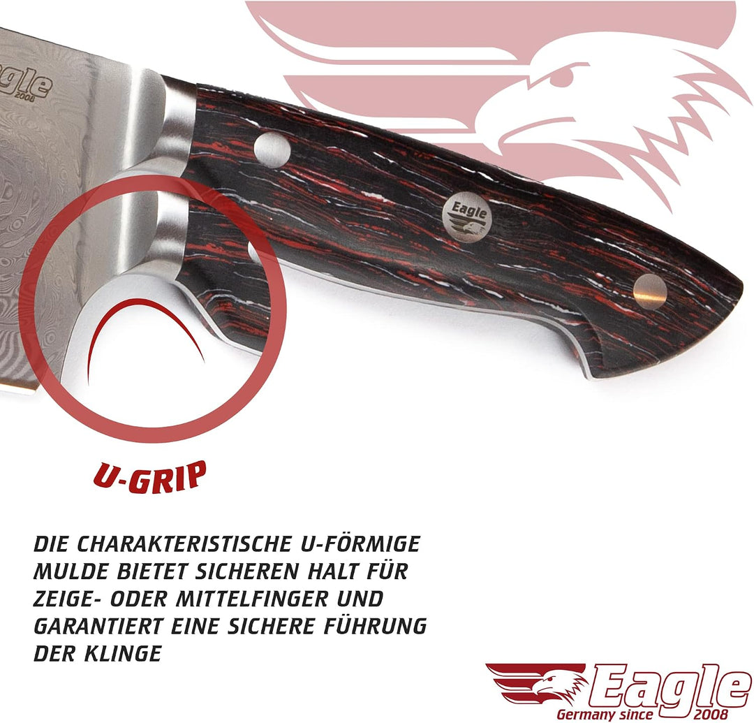 Eagle U-Grip - Chefmesser 23 cm Klingenlänge - Voll-Damaststahl 108 Lagen/Heftschalen: G10 schwarz-r