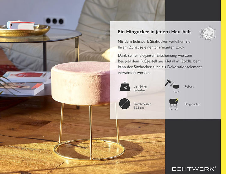 ECHTWERK runder Sitzhocker Marilyn, Polsterhocker aus Samtstoff, Schminkhocker mit Metallbeinen in G