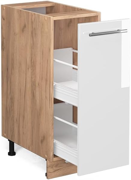 Vicco Apothekerschrank Fame-Line, Weiss Hochglanz/Goldkraft Eiche, 30 cm, AP Marmor Weiss Hochglanz
