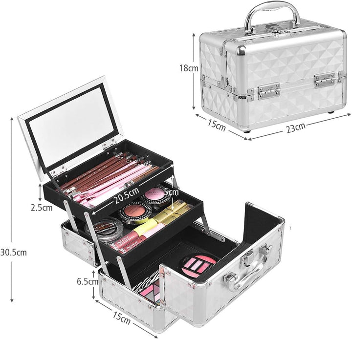HOMASIS Kosmetikkoffer mit Spiegel, Mini Schminkkoffer mit 3 Ebenen, tragbarer Beauty Case mit Griff