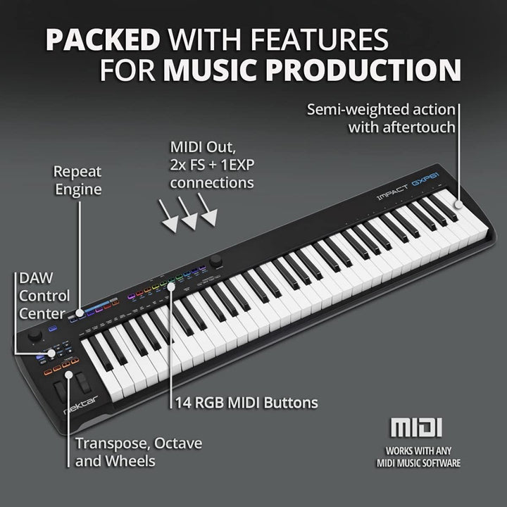 Nektar Impact GXP61 | USB MIDI Controller Keyboard with Nektar DAW Integration 61 Keys, 61 Keys